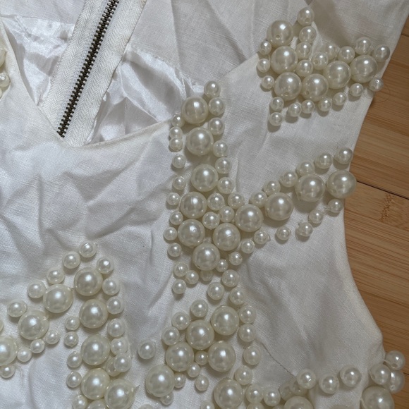 Heavy Embellished Pearl Cocktail White Mini Dress - Picture 2 of 7